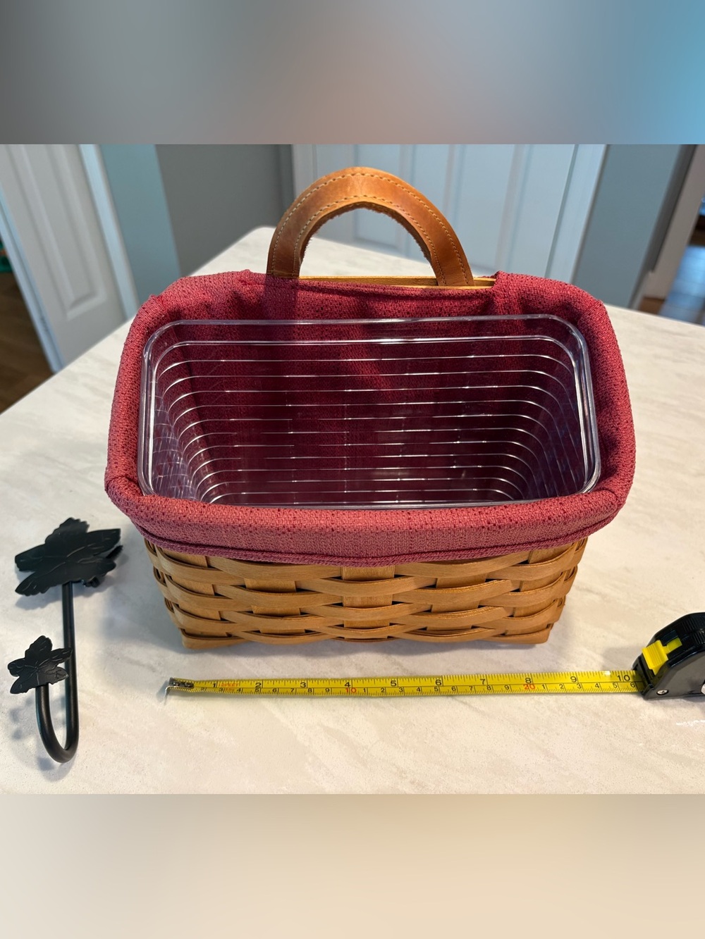 Longaberger key Basket with Liner, hard plastic protector, and wrought iron hook